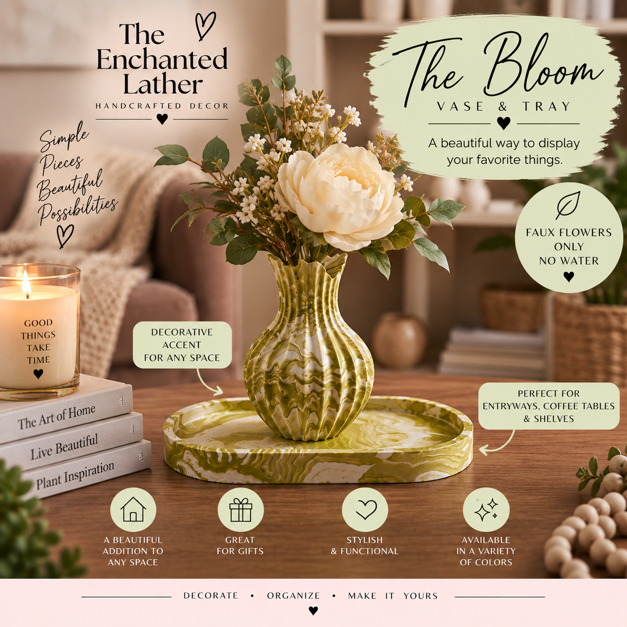 The Bloom vase and tray styled with faux flowers