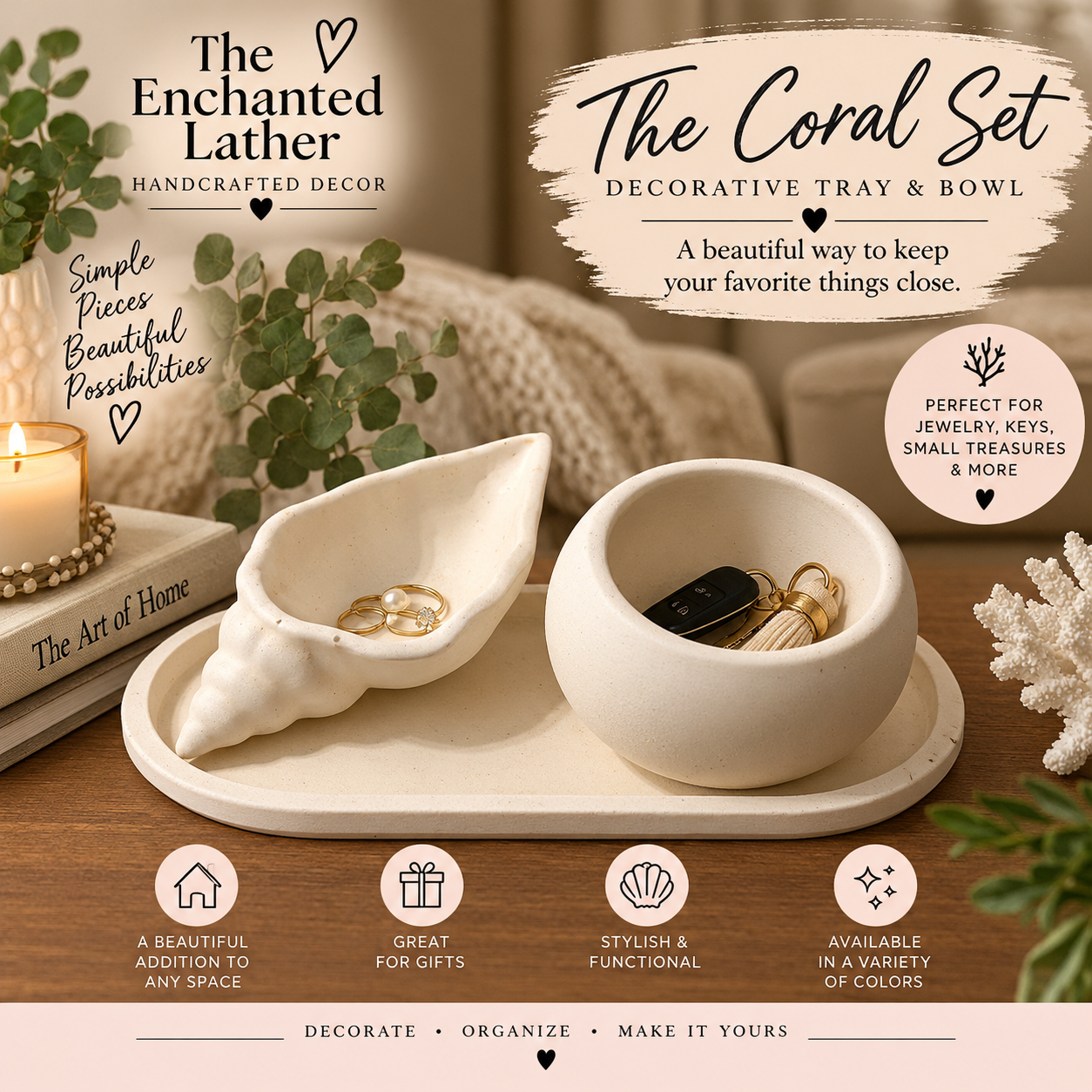 The Coral Set styled with jewelry and keys