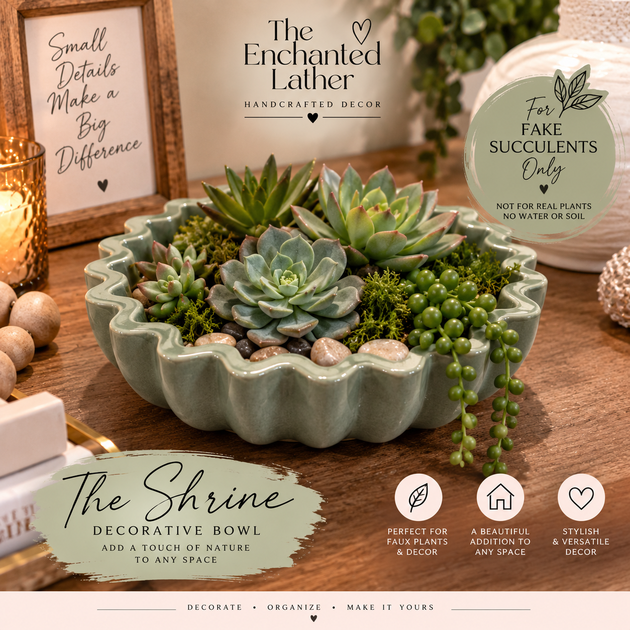 The Shrine styled with faux succulents