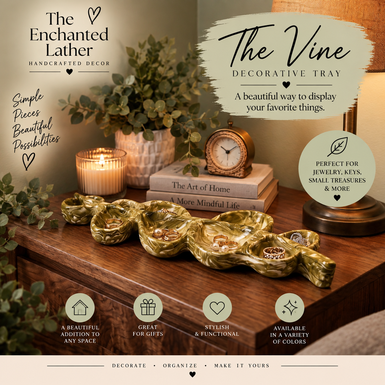 Green The Vine tray styled on a nightstand